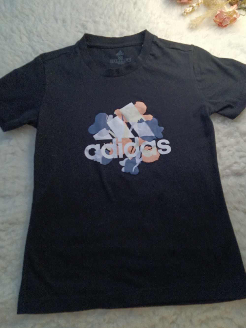 adidas Black Tee with Blue & Peach Graphic Logo